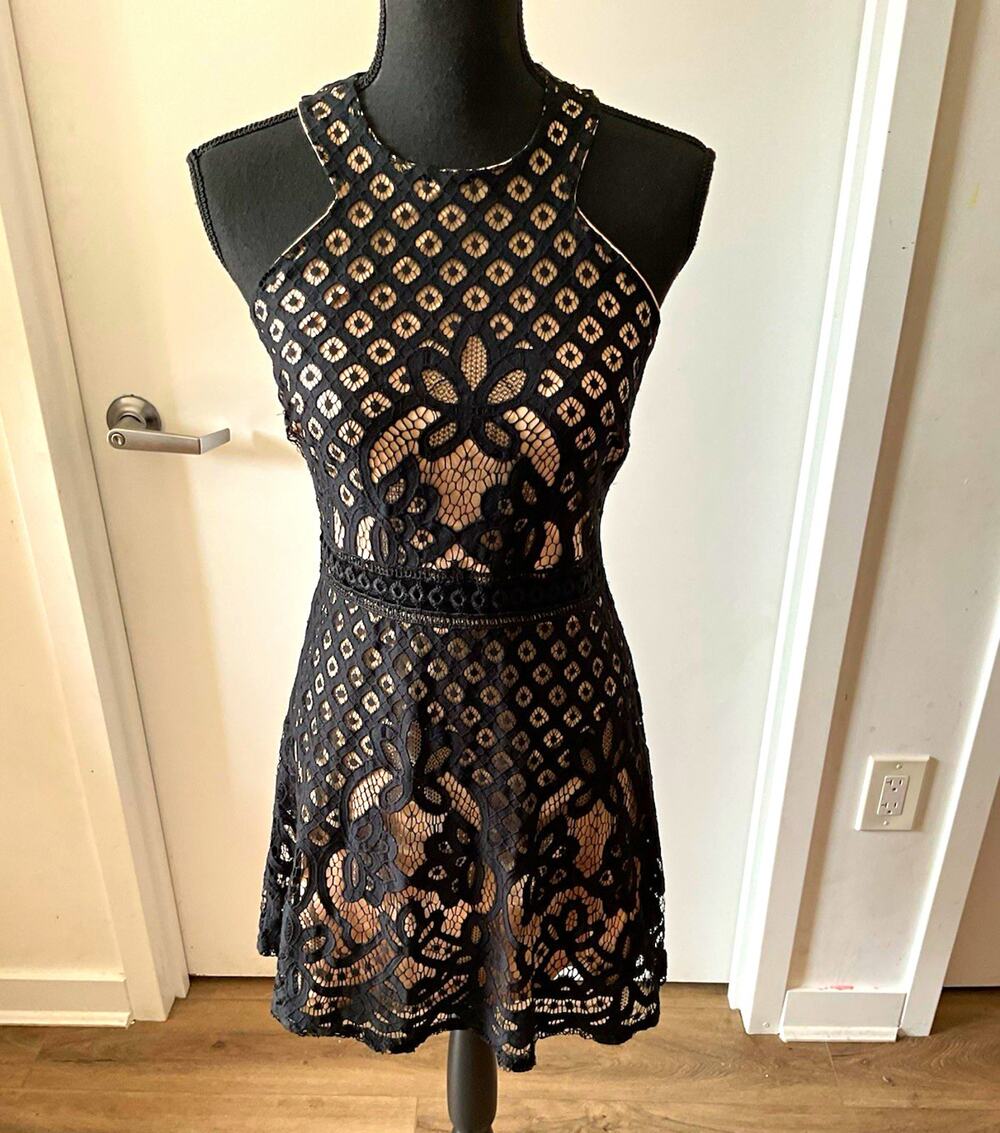 Privy Privately Privileged Black Lace Bodycon Dress Nude Lining Halter MINI M